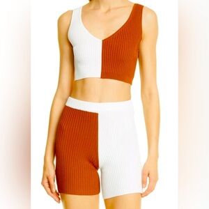 NWT! STAUD COLORBLOCK RIBBED KNIT CROP TOP WITH MATCHING SHORTS SIZE L.